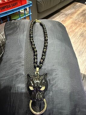 Black Panther Head Beaded Statement Necklace with Gold Ring